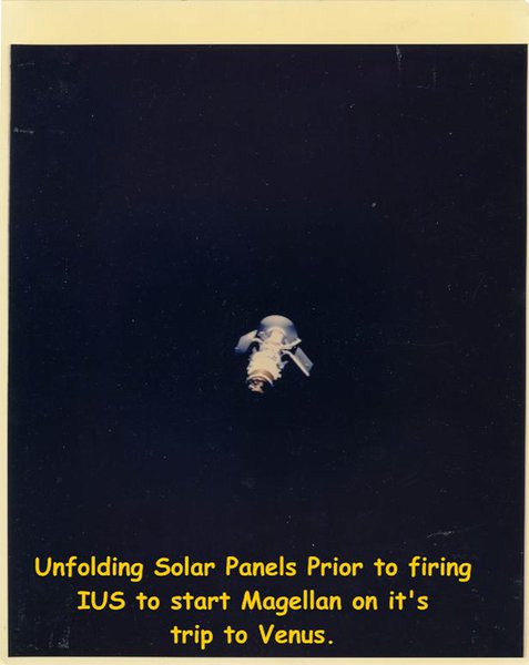 Solar Panel deployment prior to Inertial Upper Stage (IUS) firing to start trip to Venus